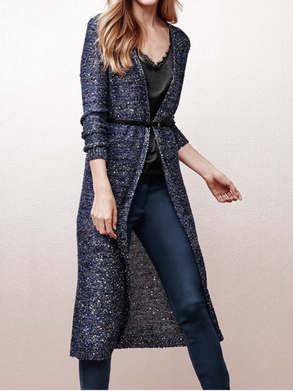 WHITE HOUSE BLACK MARKET Long Open-Front Sparkle Cardigan - Dark Navy